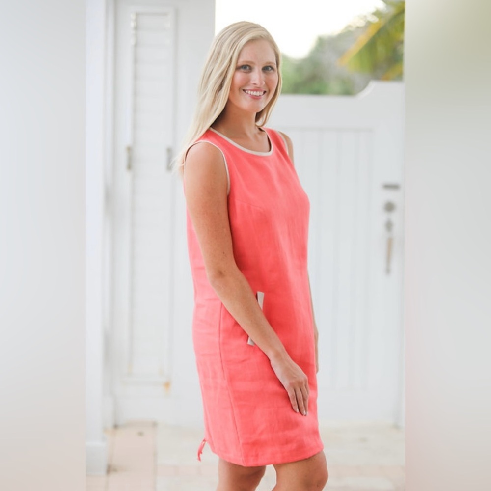 I Linen Crew Neck Sleeveless Dress in Coral with Natural Colored Trim size M - Picture 1 of 8